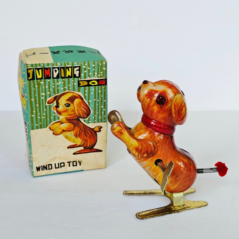 Vintage Jumping Dog Wind Up Toy Tin Litho Puppy with Original Box Collectible